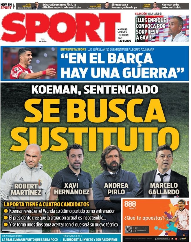 西甲今日头版:科曼下课已成定局 恩里克召入加维让人惊讶