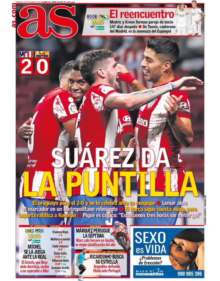 西甲今日头版：一支没有同情心的马竞 拉波尔塔同意科曼留任