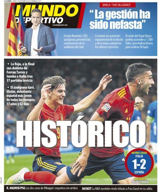 西甲今日头版：西班牙史诗级表现胜意大利 巴萨CEO解释经济状况
