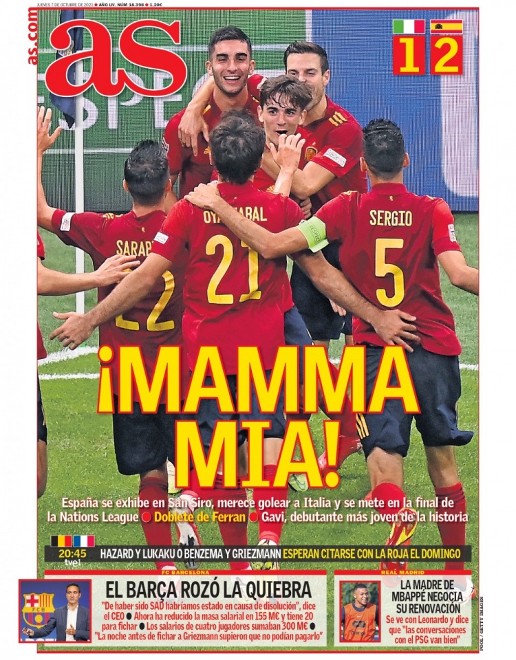 西甲今日头版：西班牙史诗级表现胜意大利 巴萨CEO解释经济状况