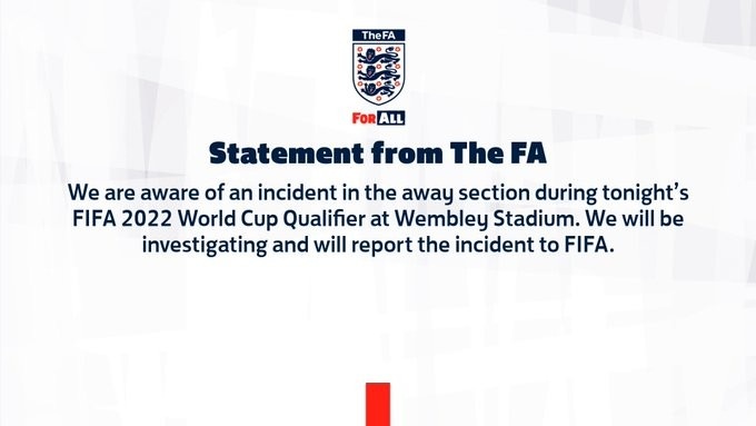 英足总：已注意到英匈比赛中的冲突，将进行调查并报告国际足联