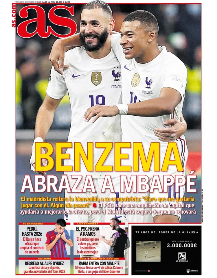 西甲今日头版：本泽马欢迎姆巴佩去皇马 佩德里续约至2026年