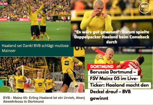 德甲今日头版:哈兰德复出即进球 拜仁多特接触阿德耶米