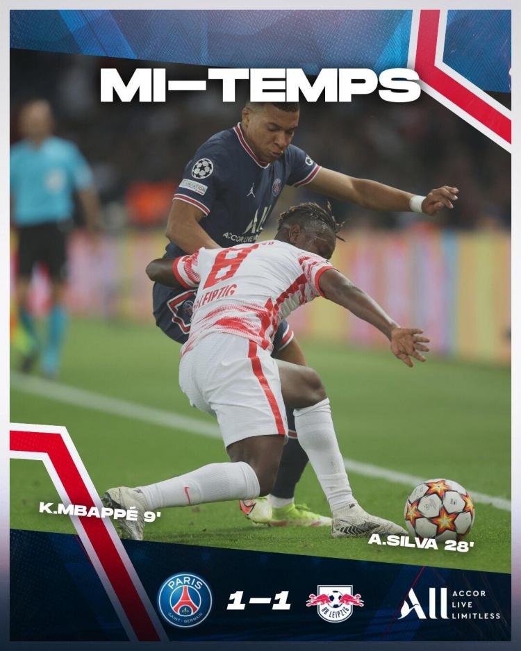 半场-姆巴佩破门A席扳平 巴黎主场1-1暂平莱比锡