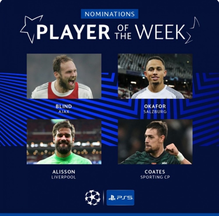 欧冠周最佳球员候选:布林德、阿利森、奥卡福、科茨