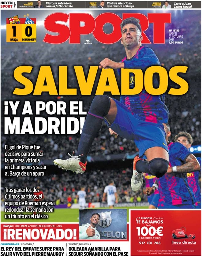 西甲今日头版:皮克制胜球巴萨欧冠迎首胜 维尼修斯剑指国家德比