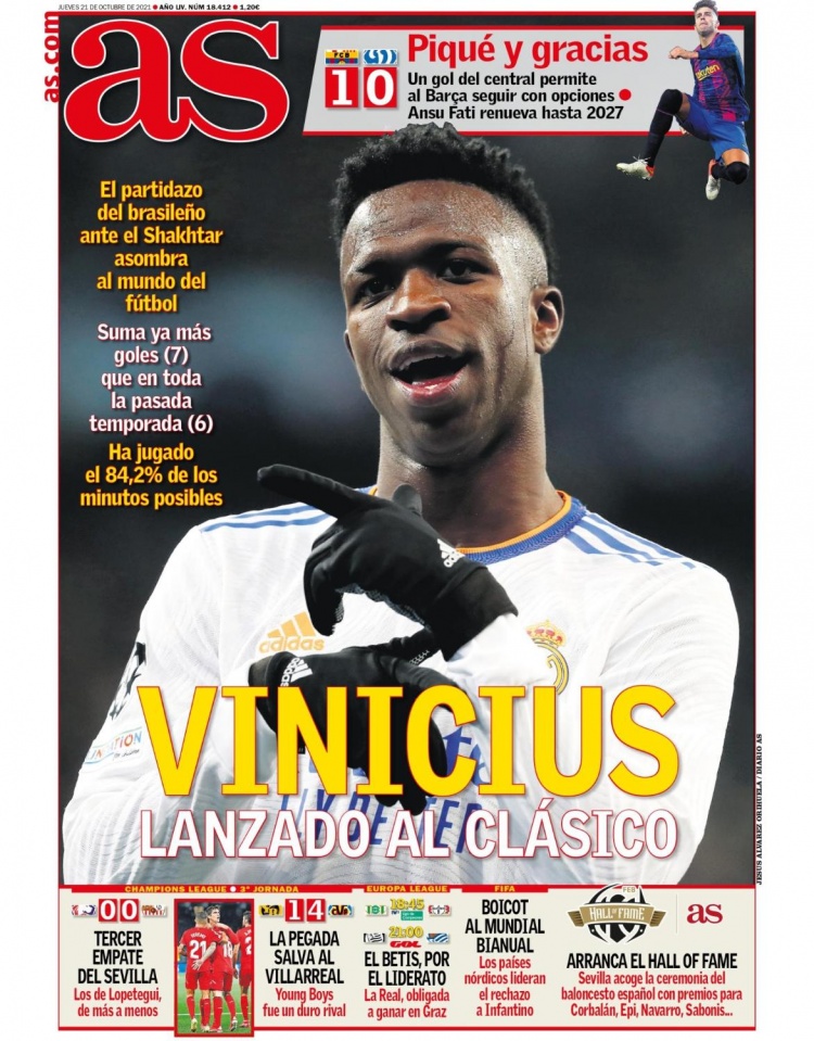 西甲今日头版:皮克制胜球巴萨欧冠迎首胜 维尼修斯剑指国家德比