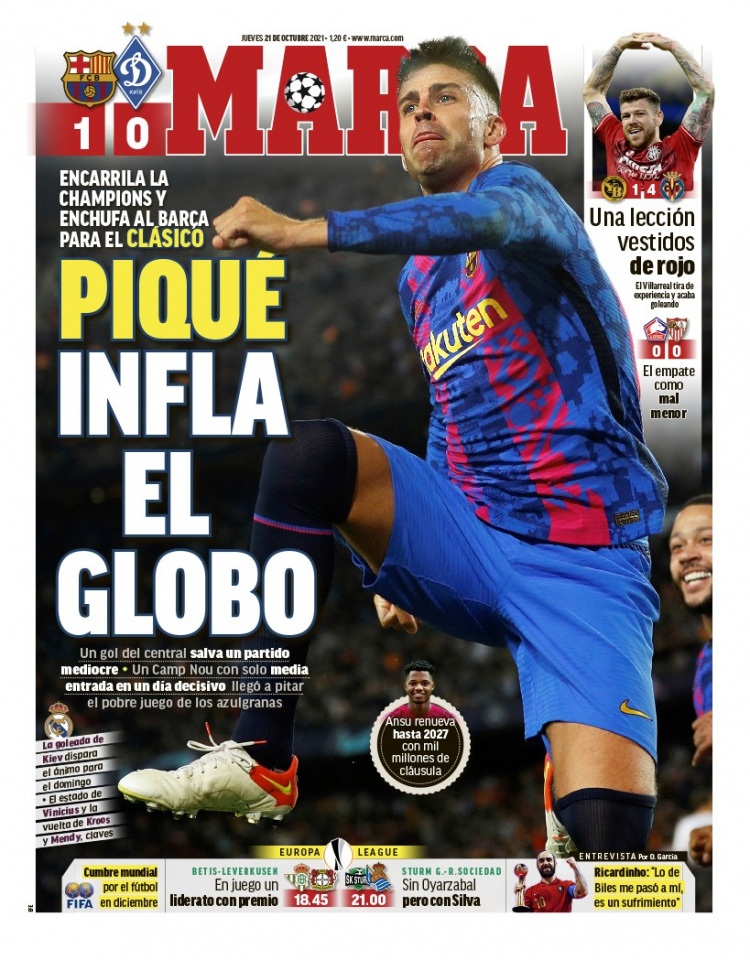 西甲今日头版:皮克制胜球巴萨欧冠迎首胜 维尼修斯剑指国家德比