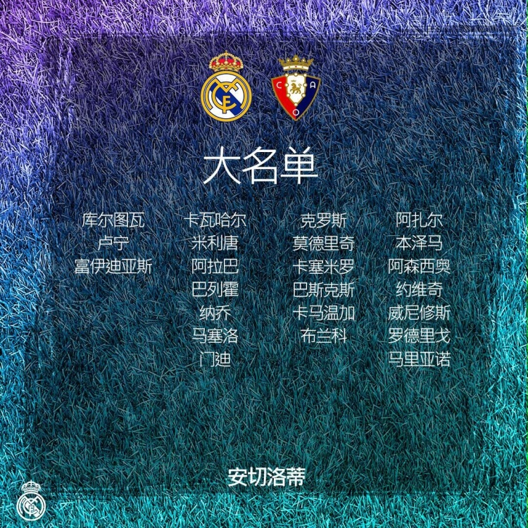 皇马战奥萨苏纳大名单:本泽马领衔,巴尔韦德、伊斯科缺席