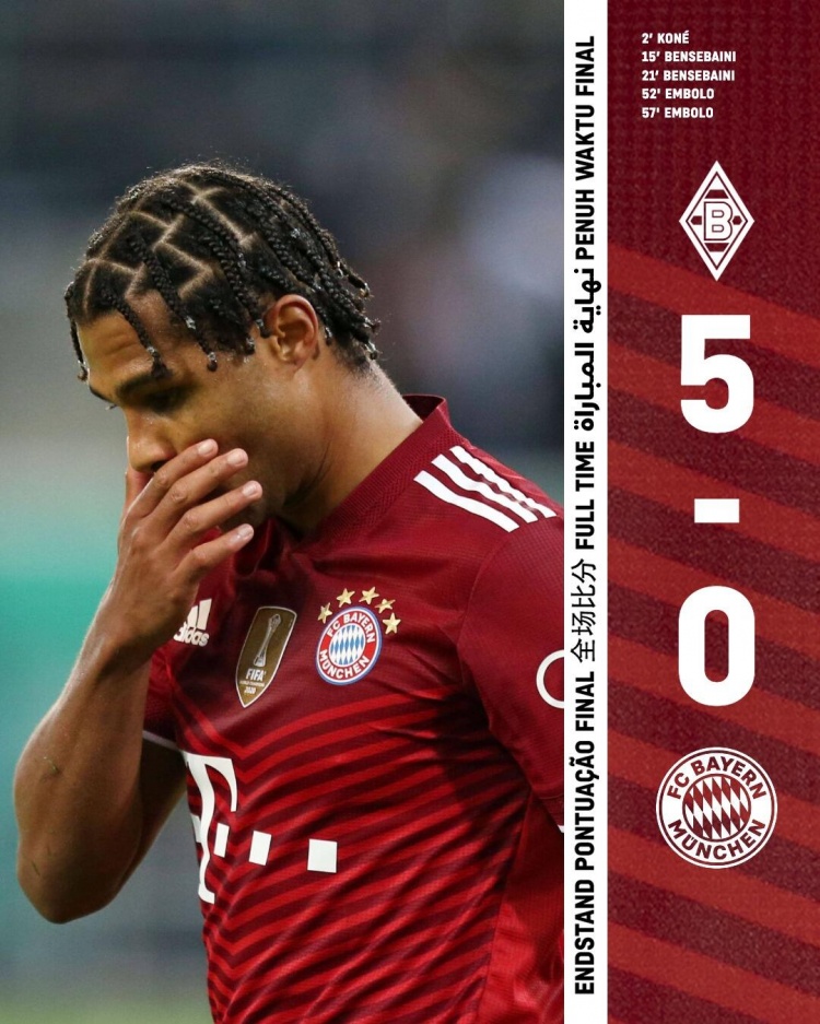 德国杯-拜仁0-5门兴耻辱出局 后防集体梦游于帕灾难级发挥
