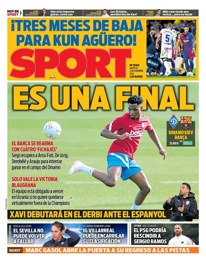 西甲今日头版：西班牙球队迎来欧冠关键一轮 阿圭罗将缺席3个月
