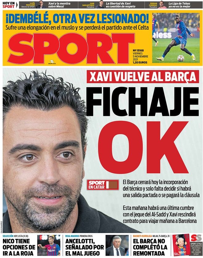 西甲今日头版：巴萨今天将宣布哈维上任 本泽马维尼修斯合作无间