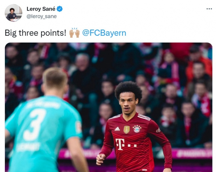 萨内赛后发推庆祝拜仁赢球，并祝贺曼城赢得曼市德比