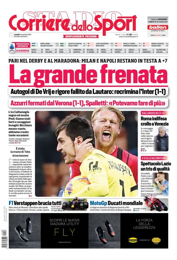 意甲今日头版：米兰那不勒斯仍领跑 国米仍落后7分