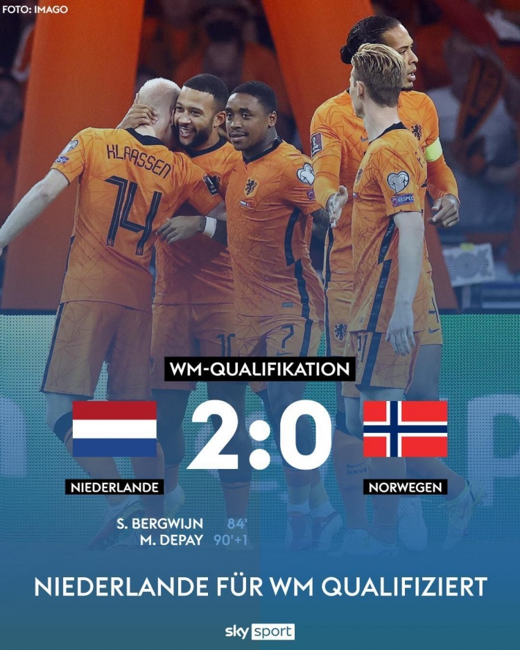 世预赛-贝尔温传射德佩建功 荷兰2-0力克挪威直接晋级世界杯