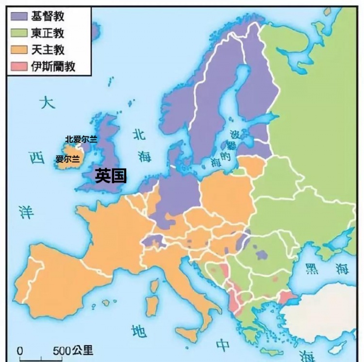 宗教改革后的天主教和新教分布1707年,英格兰和苏格兰合并为联合王国