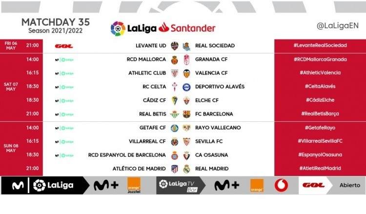 西甲35/36轮开球时间：皇马5月9日3点战马竞，13日3点半战莱万特