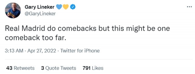 莱因克尔:皇马确实很能逆转,但这一次看起来难了