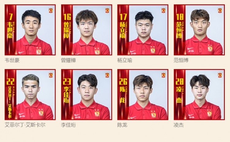 广州一线队号码确定：蒋光太2号、韦世豪7号，无人身披9-11号