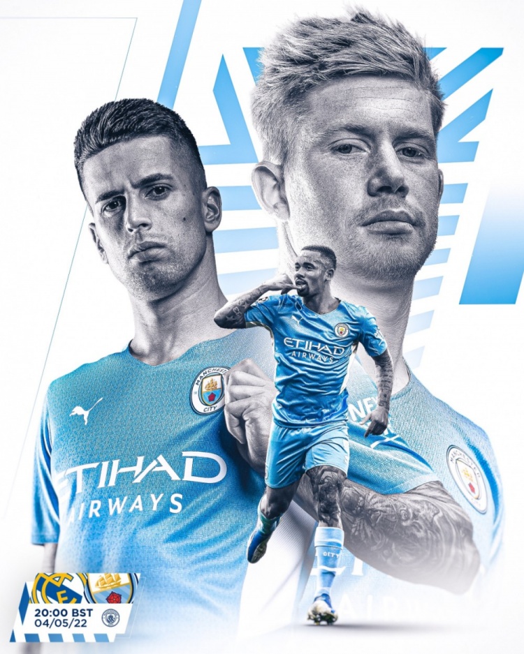 曼城发布对阵皇马次回合海报：德布劳内、热苏斯、坎塞洛出镜