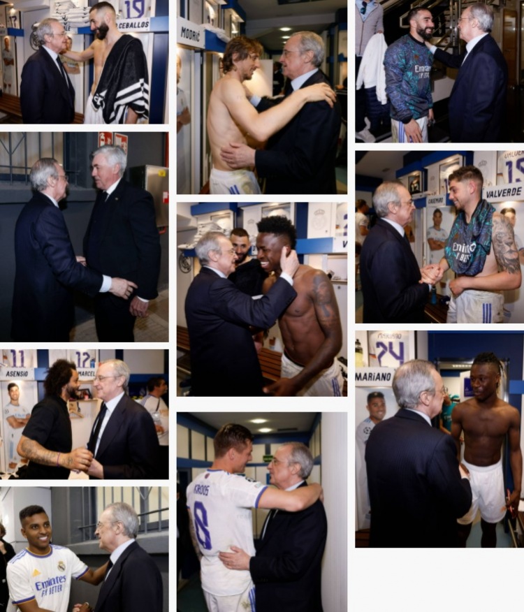皇马主席弗洛伦蒂诺赛后来到更衣室,与将帅共庆胜利