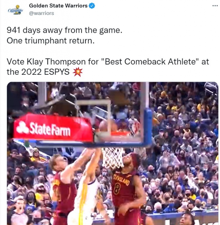 凤凰涅槃的“最佳复出运动员” 勇士官推为克莱拉票