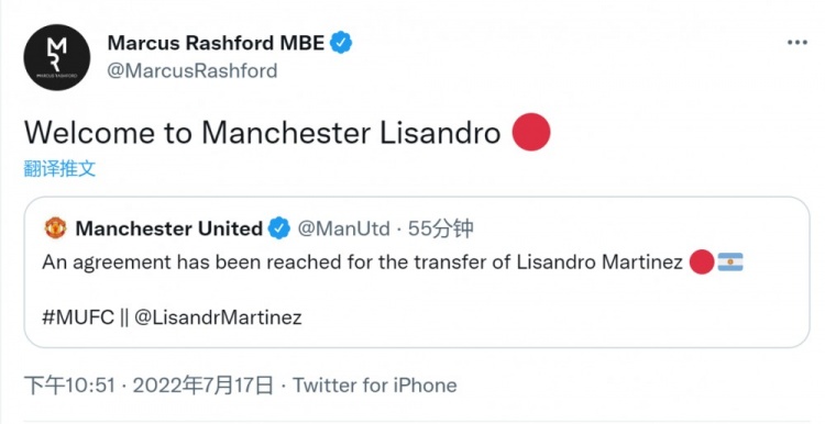 拉什福德社媒：欢迎利桑德罗来到曼彻斯特?