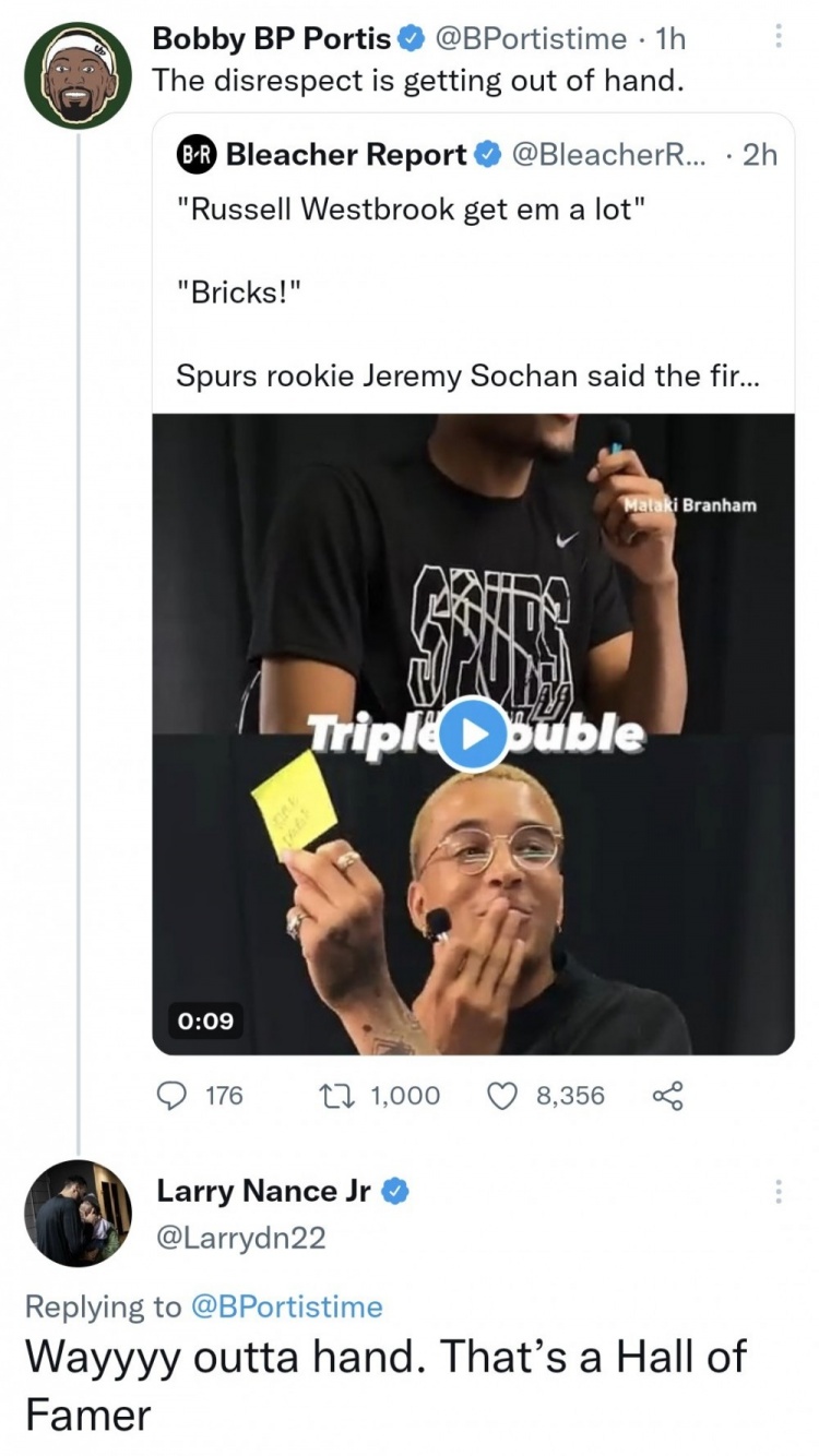 谴责索汉！波蒂斯：这种不敬真离谱 小南斯：威少可是名人堂球员