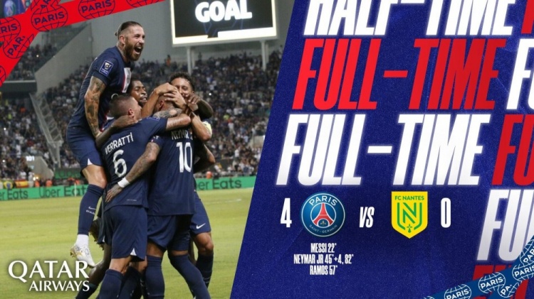 法超杯-内马尔任意球破门+点射梅西拉莫斯建功 巴黎4-0南特夺冠