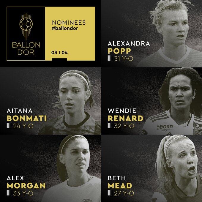 女足金球奖20人候选名单：米德玛、普特拉斯、罗德曼之女在列