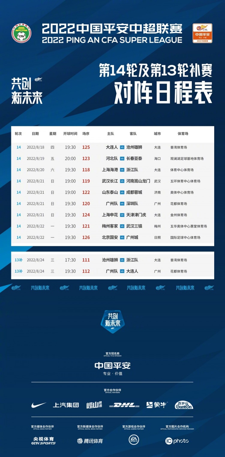 【QY球友会】中超赛程安排：第14轮18日-22日进行，第13轮两场补赛24日进行