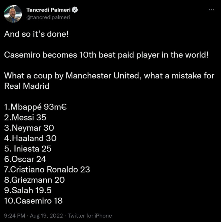 【QY球友会】记者：卡塞米罗在曼联的年薪为1800万欧，将成为世界第十高薪球员