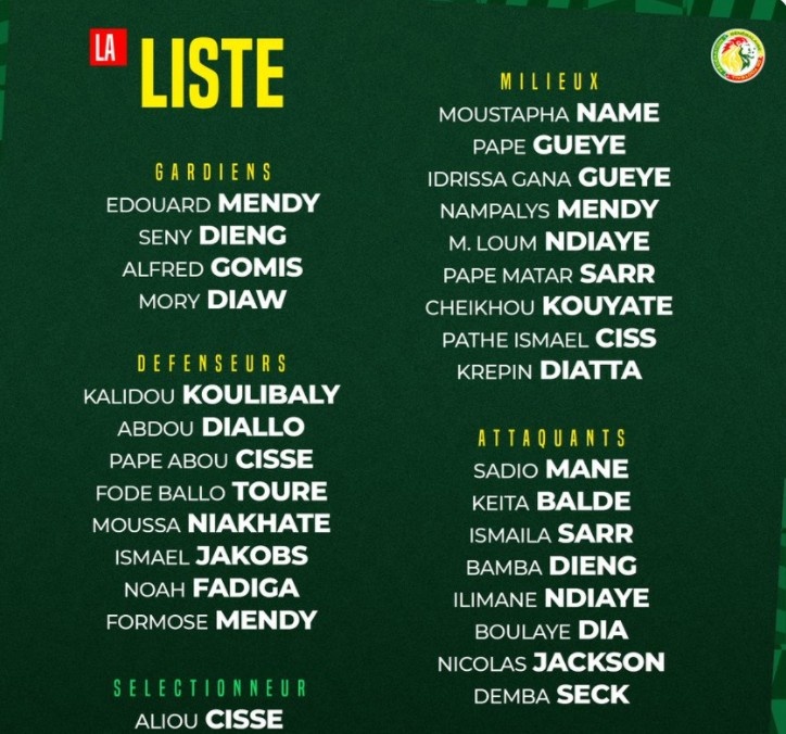 塞内加尔国家队大名单：马内领衔，库利巴利、爱德华-门迪在列