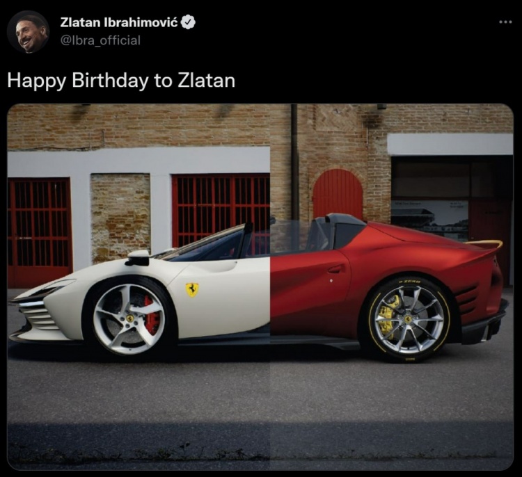 豪购两辆新车庆生?？伊布晒法拉利照片：祝兹拉坦41岁生日快乐