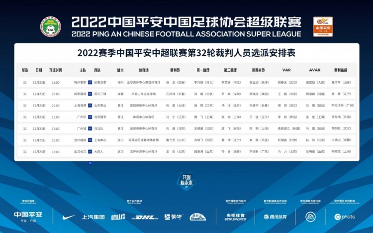 中超第32轮裁判选派名单:马宁执法广州队VS北京国安