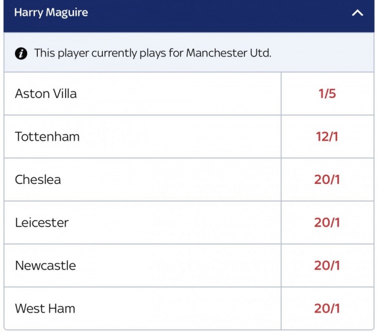 ?航母驶向何方？马奎尔转会至阿斯顿维拉赔率从1/2降低至1/5