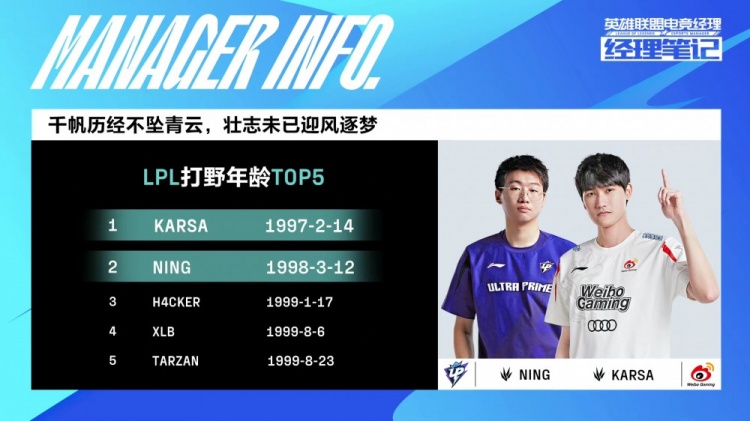 经理笔记UP vs WBG：Karsa和Ning为目前LPL年纪最大打野