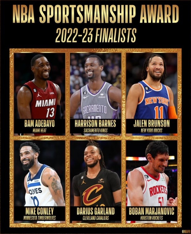 2022-23赛季NBA体育道德风尚奖候选人：布伦森康利博班领衔