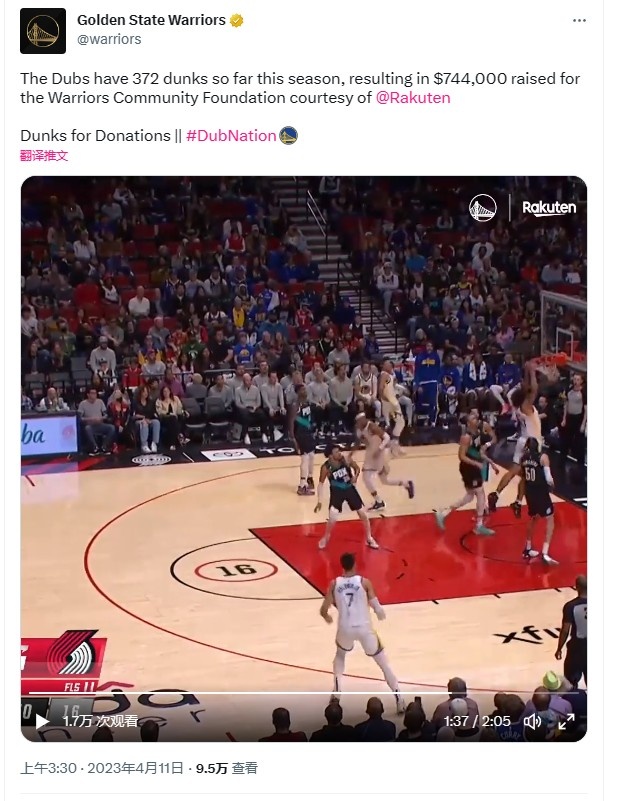 ?勇士官方:本赛季球队共扣篮372次 为社区基金募款74万美元