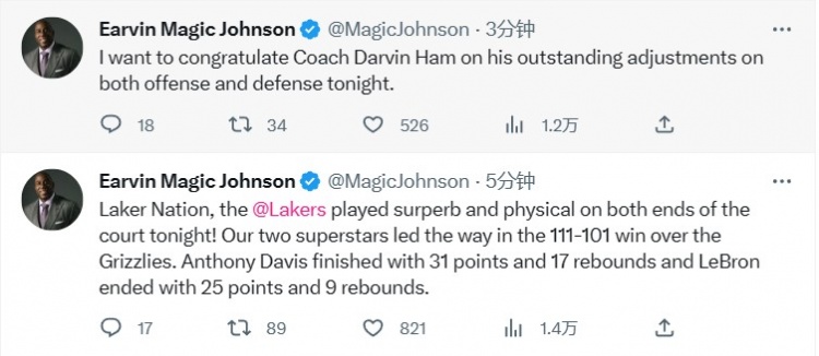 魔术师：哈姆今晚在攻防两端做出出色调整 超巨詹眉率队擒熊