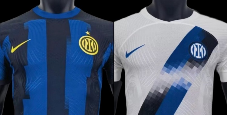 国米新赛季球衣谍照：主场蓝黑+黄Logo，客场白色+蓝黑肩带式设计