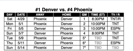 太阳VS掘金赛程确定：北京时间4月30日上午8点半开打G1