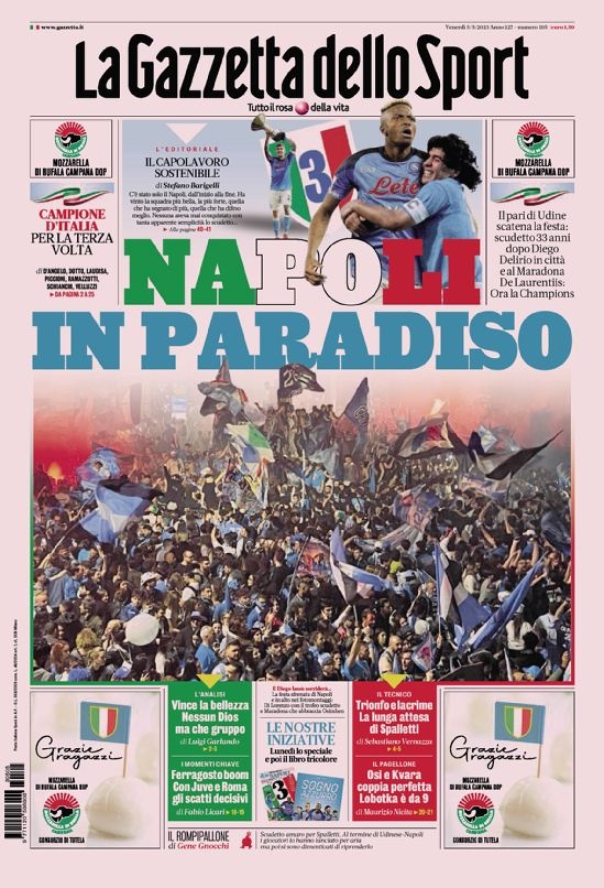 意甲今日头版：那不勒斯进入天堂 马拉多纳你看到了吗？