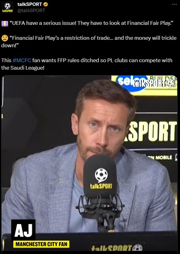曼城球迷：FFP應該被廢除，這樣英超球隊才能和沙特競爭