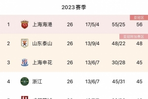 中超積分榜：海港8分領(lǐng)跑 浙江升至第4位 深足僅積12分瀕臨降級