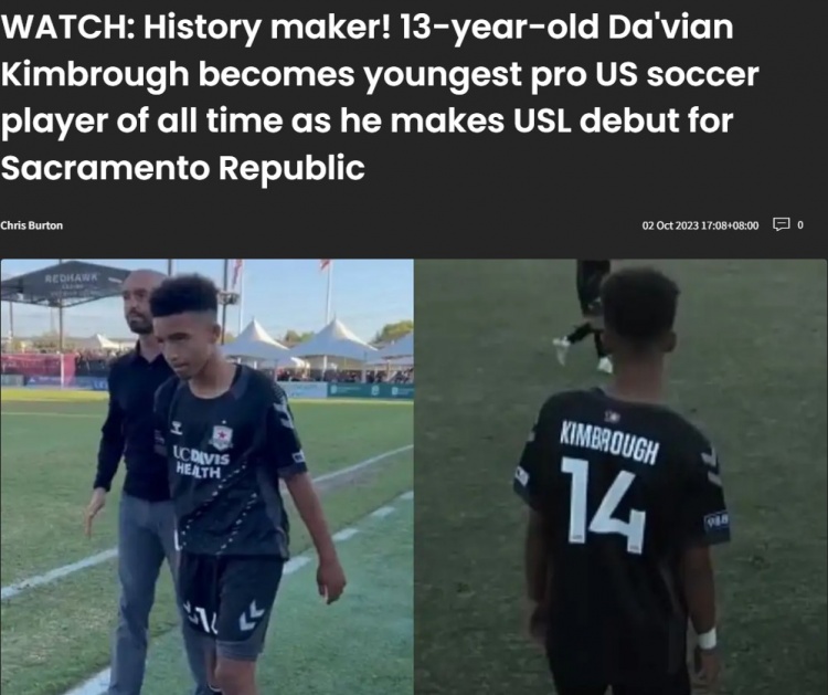13岁小将替补登场，成为美国足坛最年轻的职业赛场首秀球员