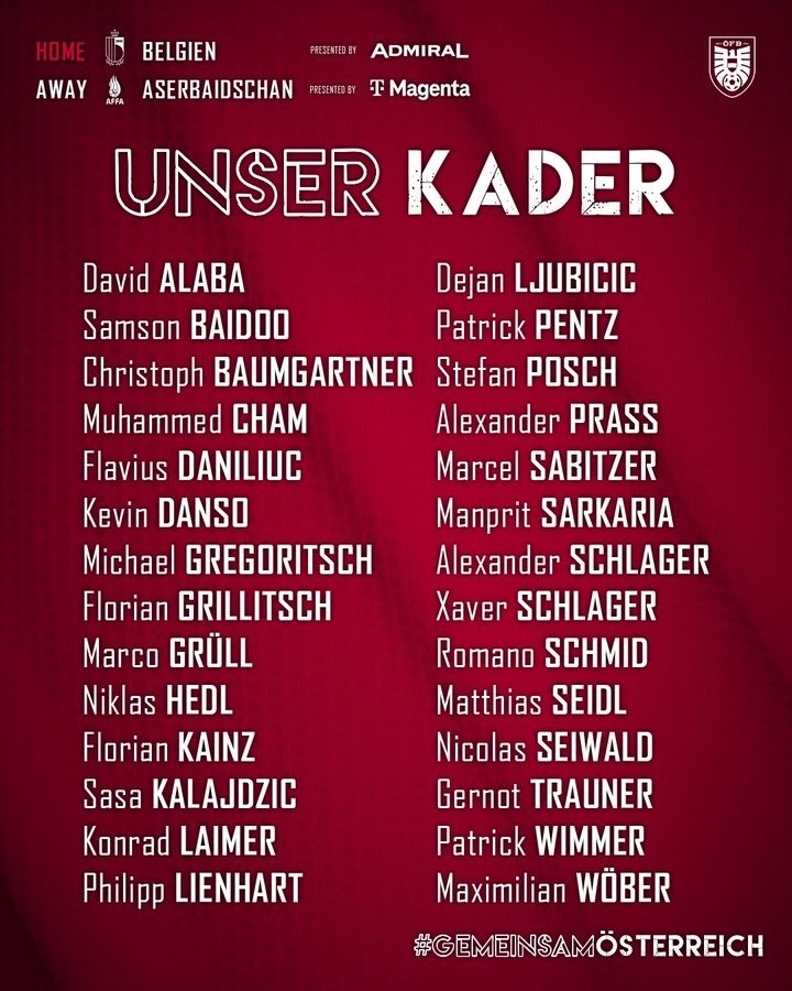 奥地利国家队大名单：阿拉巴、莱默尔、萨比策领衔，阿瑙落选