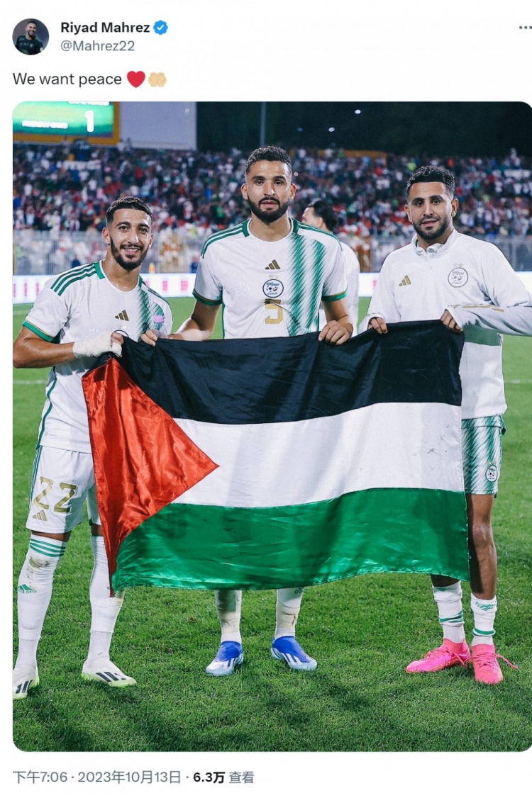 马赫雷斯社媒晒与巴勒斯坦国旗合照：我们想要和平❤️??