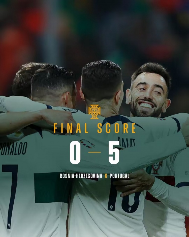 欧预赛-葡萄牙5-0波黑八战全胜锁J组头名 C罗连场双响B费传射