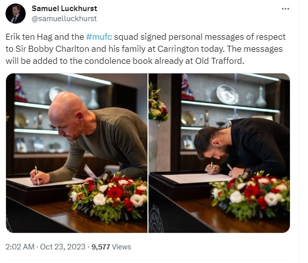 缅怀！滕哈赫和曼联队员在卡灵顿写下对博比-查尔顿的哀悼信